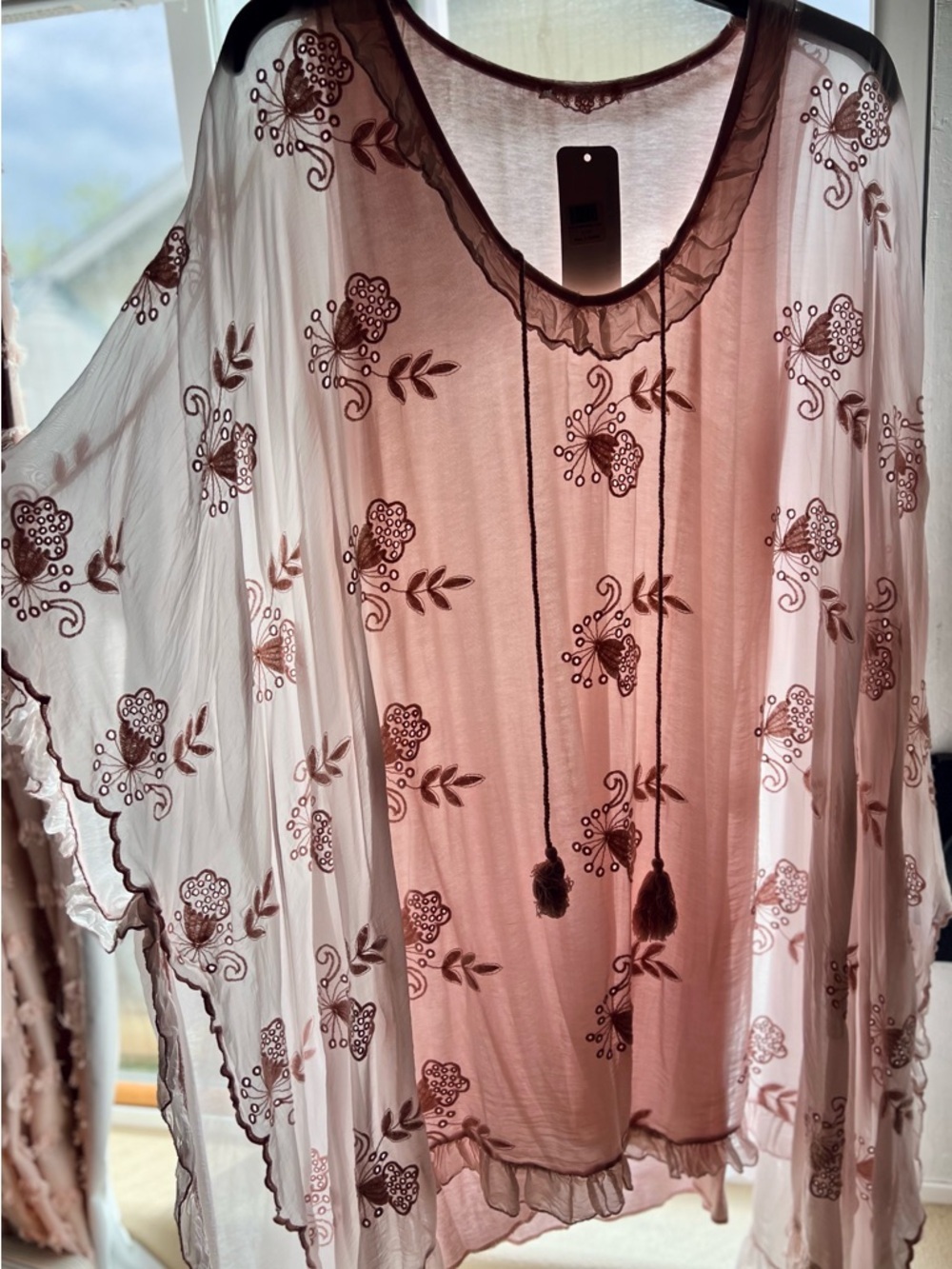 Romantic Blush Pink Silk Embroidered Boho Tunic Top Ruffle Pants Set Fairycore - Picture 4 of 16